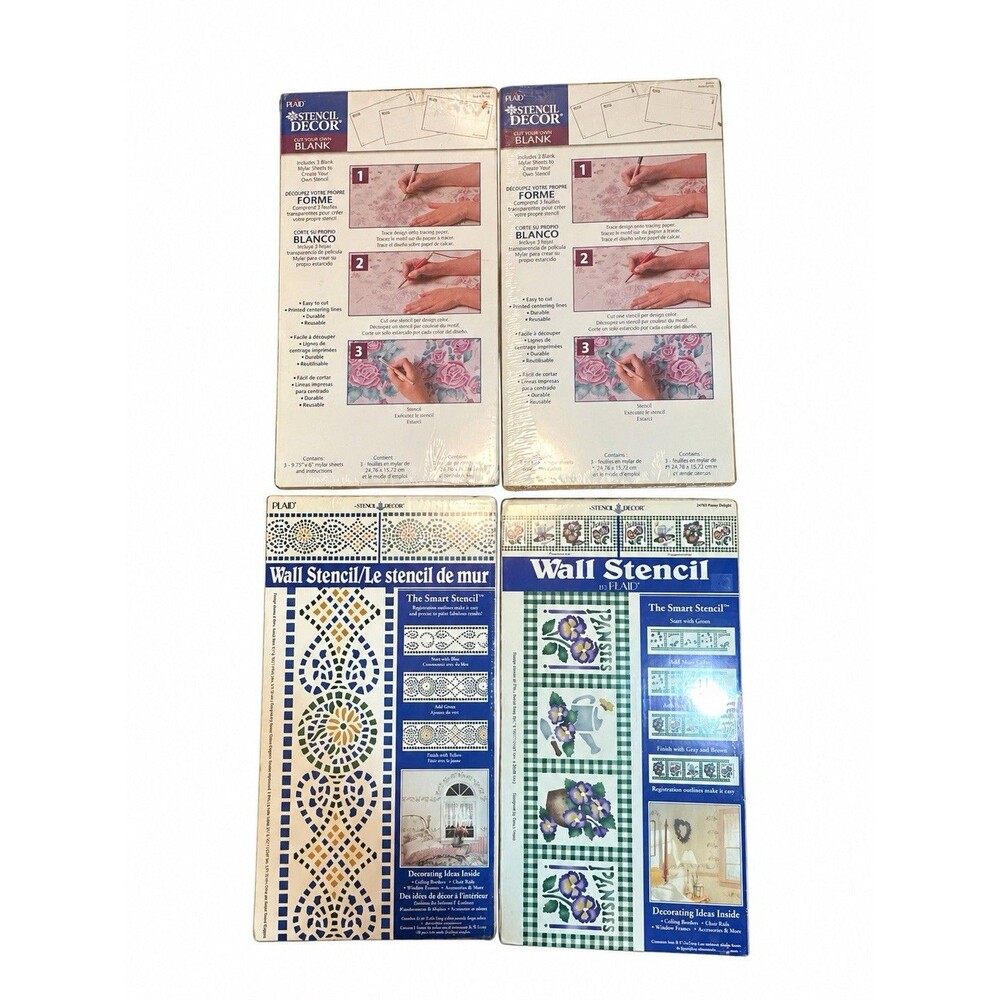Vintage Plaid Stencil Decor Lot 4 Wall Border Pansy Floral Blank Mylar Sealed